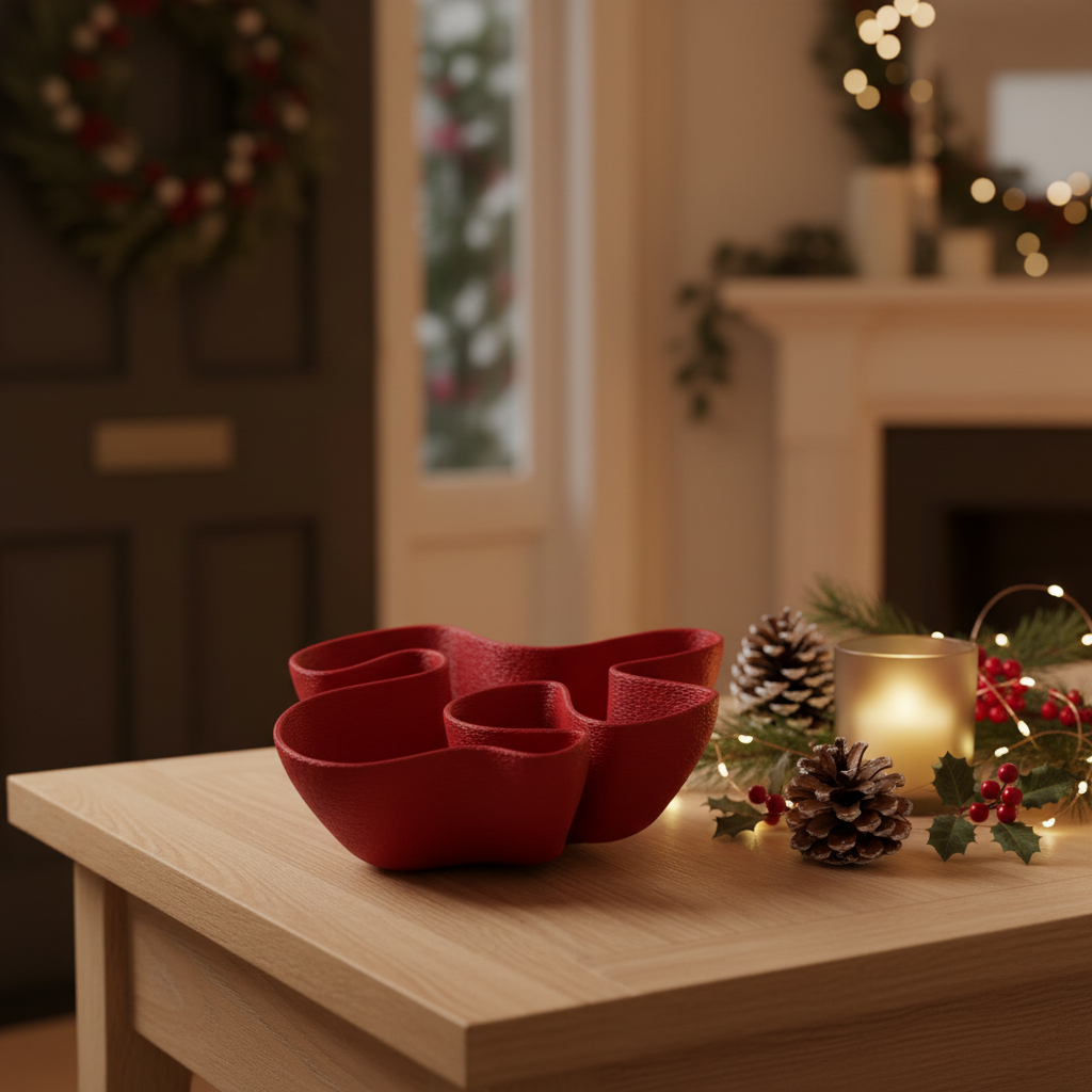 Fabric Ripple Bowl deep red matte sweeping fabric-fold rim sculpted interior pale oak entryway Christmas holiday table pine cones small candle festive seasonal decorations warm cosy atmospheric light square editorial