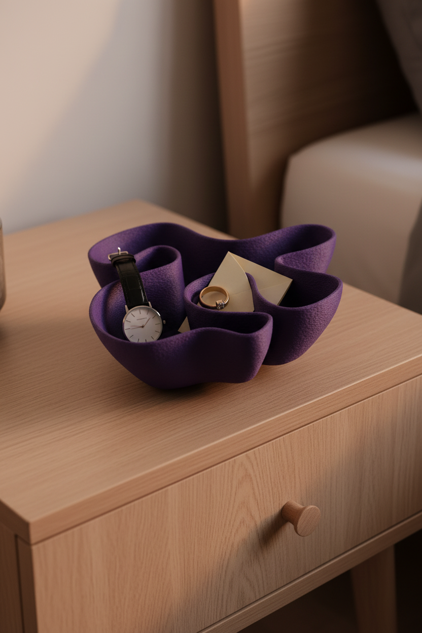 Fabric Ripple Bowl deep purple matte sweeping fabric-fold rim sculpted interior compartments pale oak bedside table watch ring small folded note warm soft evening bedroom light minimal contemporary portrait