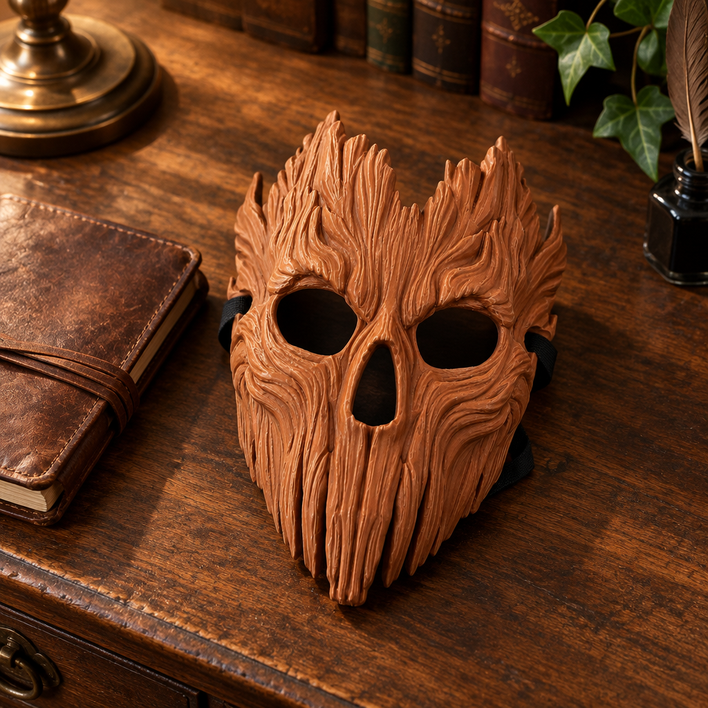 Skullbark Mask on antique writing desk