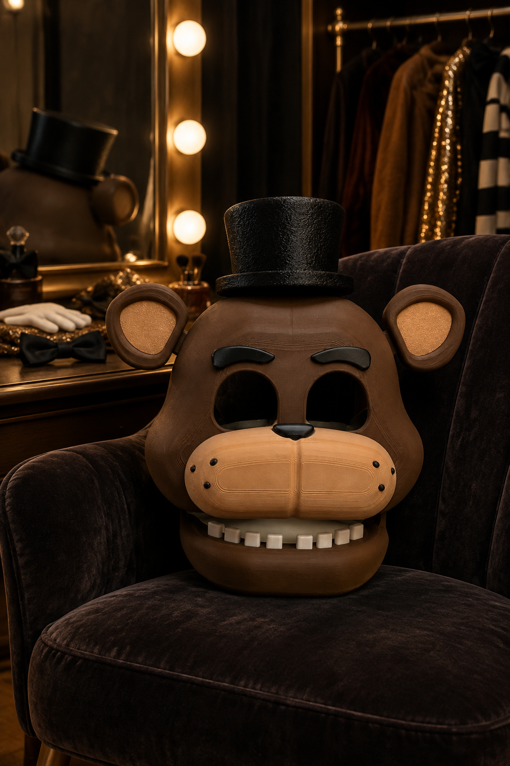 Brown bear Five Nights at Freddy's mask with black top hat on a velvet chair in a dressing area