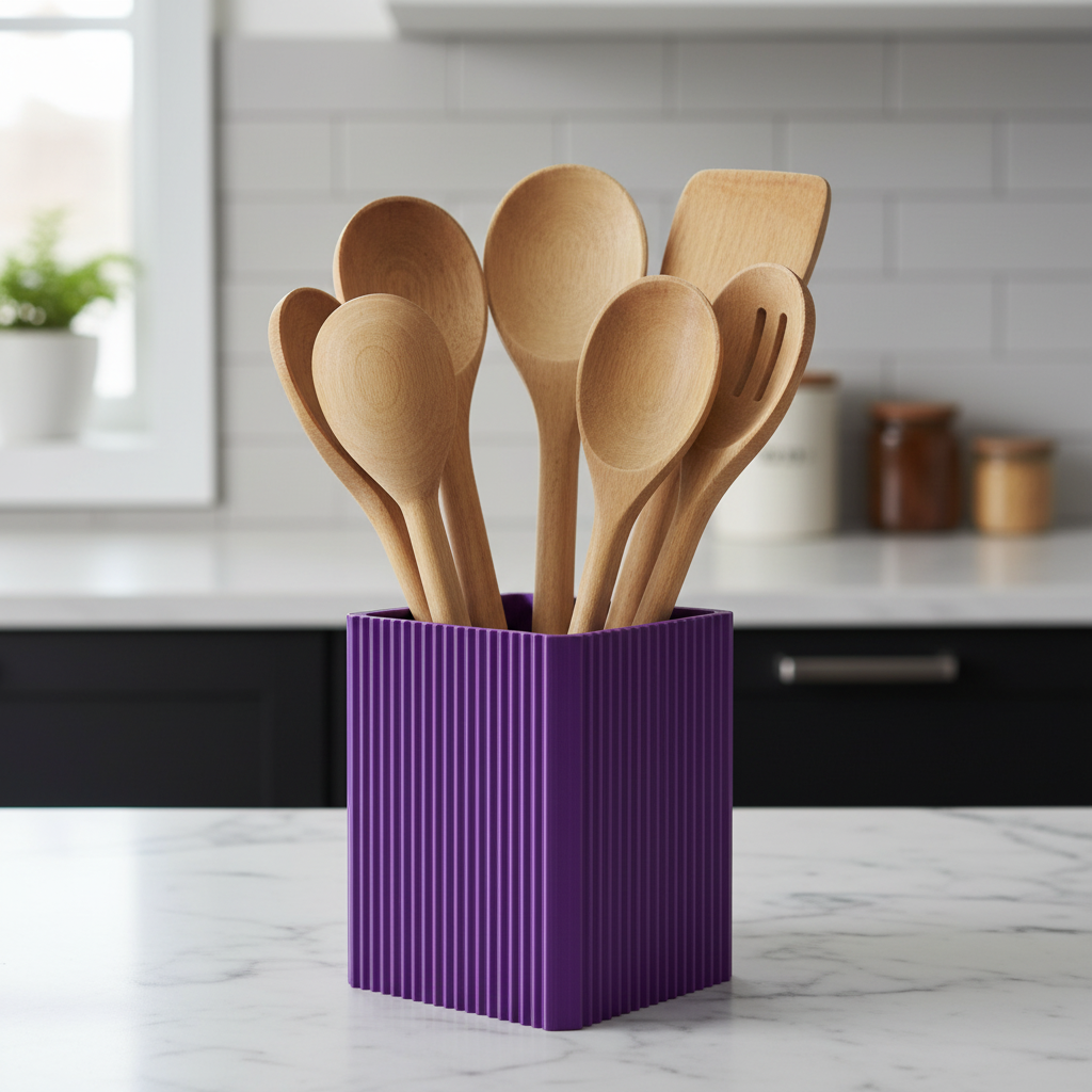Square Ribbed Utensil Holder - purple colourway filled with wooden spoons on white marble kitchen counter