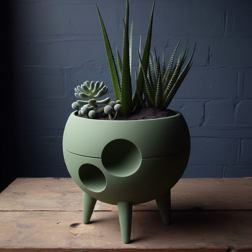 Sage green Spaced-Out planter with succulents on a wooden sideboard against a dark slate wall