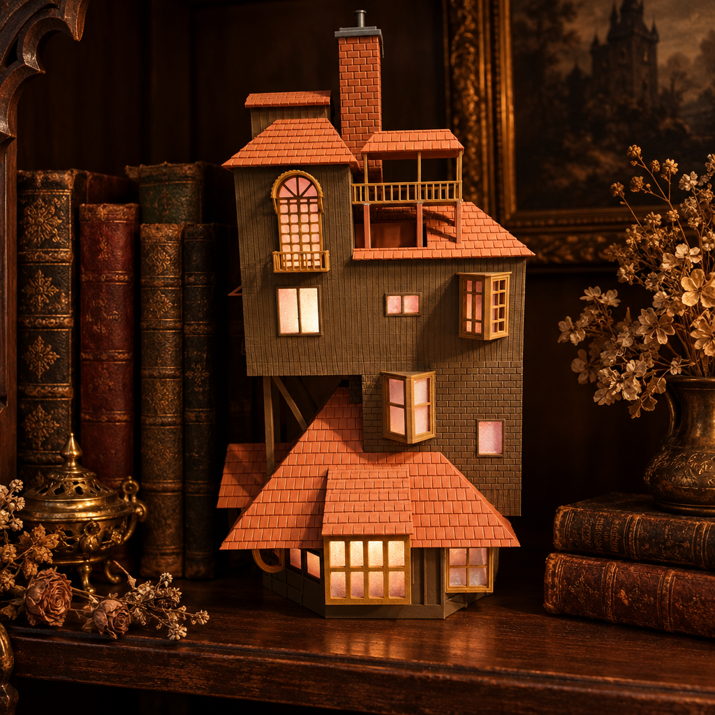 Horror House display model on a vintage bookshelf