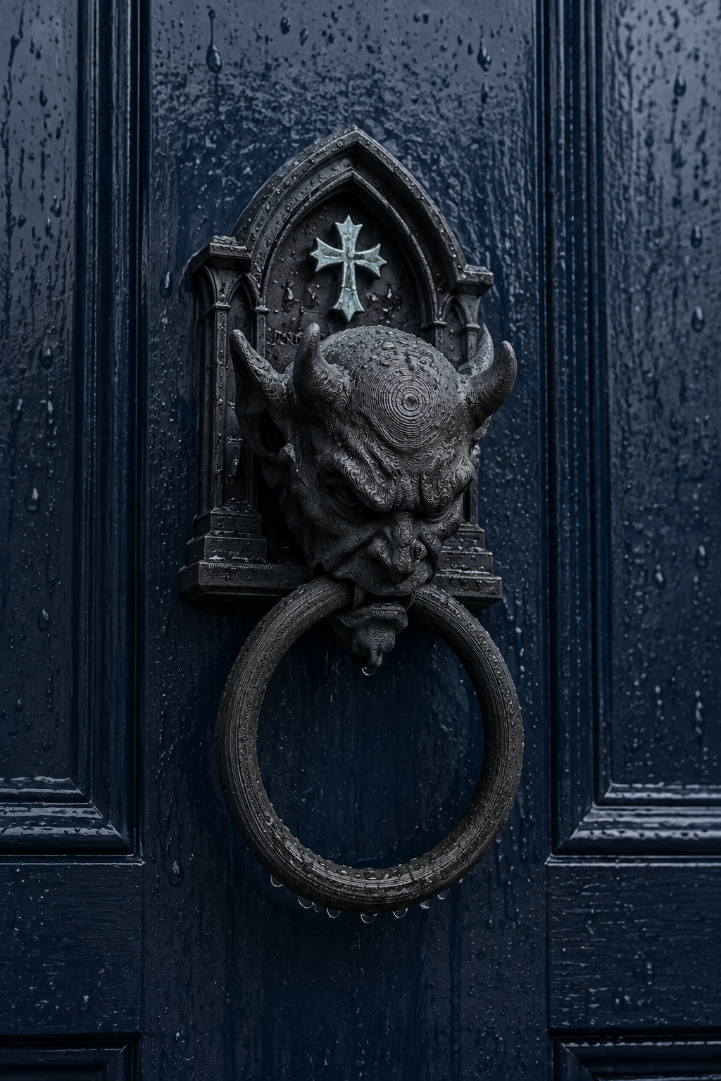 Gargoyle knocker on navy townhouse door
