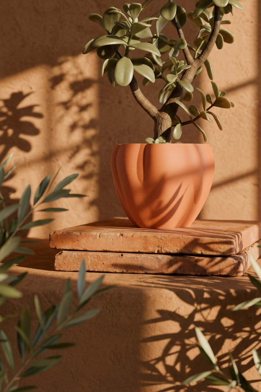 Terracotta orange organic flowing planter with succulent on terracotta tiles Mediterranean golden hour lifestyle