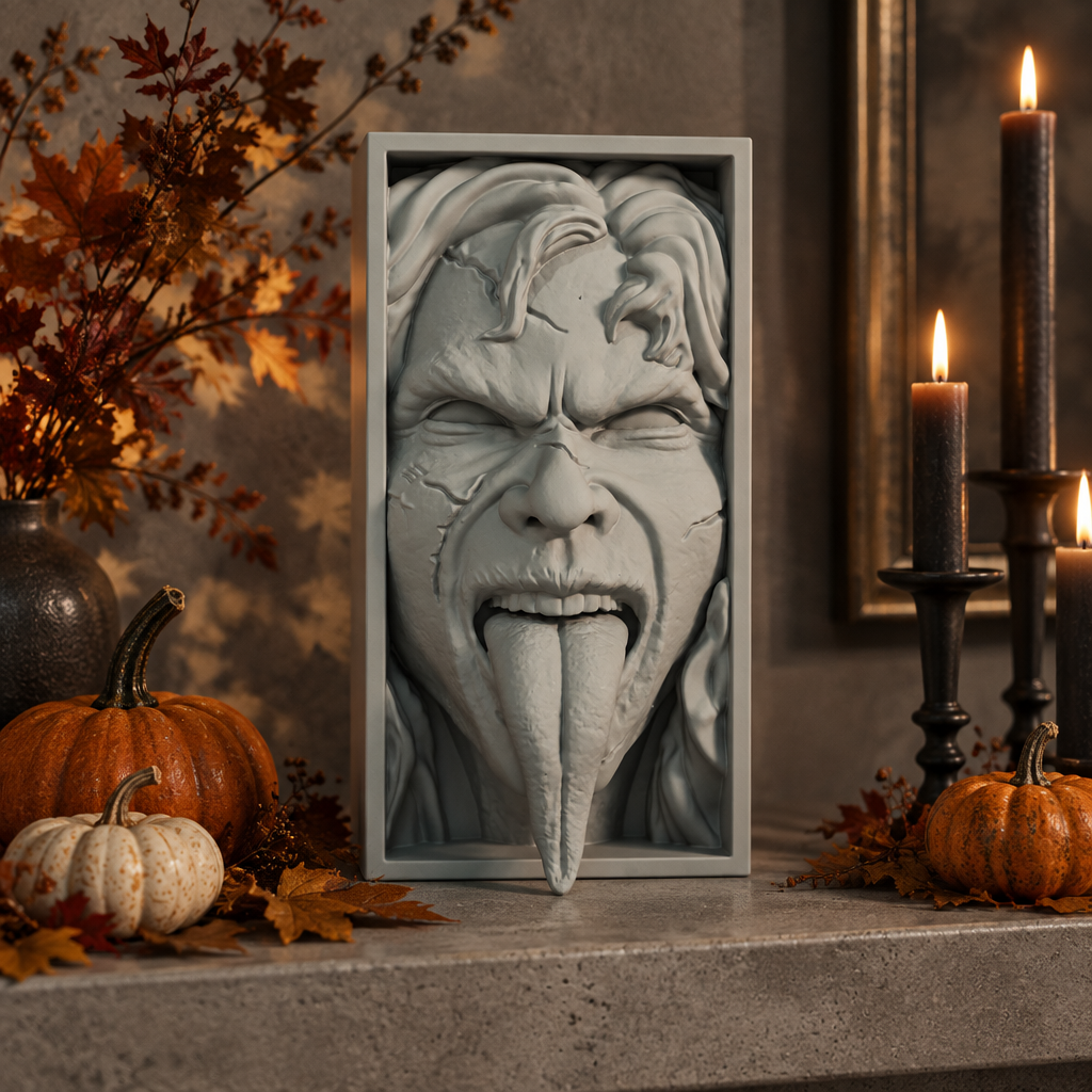 Paint-ready Exorcist shadow box in a refined Halloween mantel display