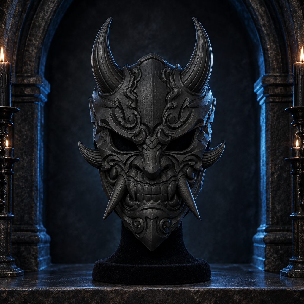 Uniform black Oni Demon Mask displayed on a velvet stand in a gothic alcove.