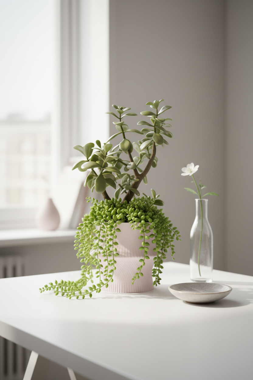 White sculpted hourglass desk planter with trailing string of pearls on bright minimal desk home office lifestyle