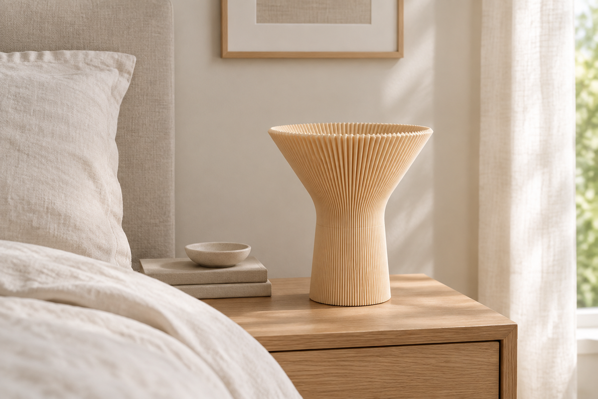 Beige pleated inverted funnel lamp on a neutral bedside table.