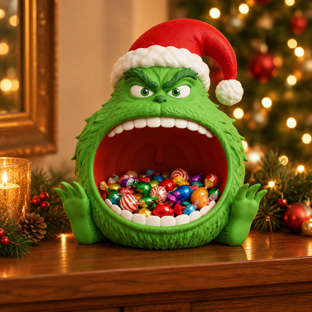 Green Christmas sweet bowl displayed on a warm festive mantel