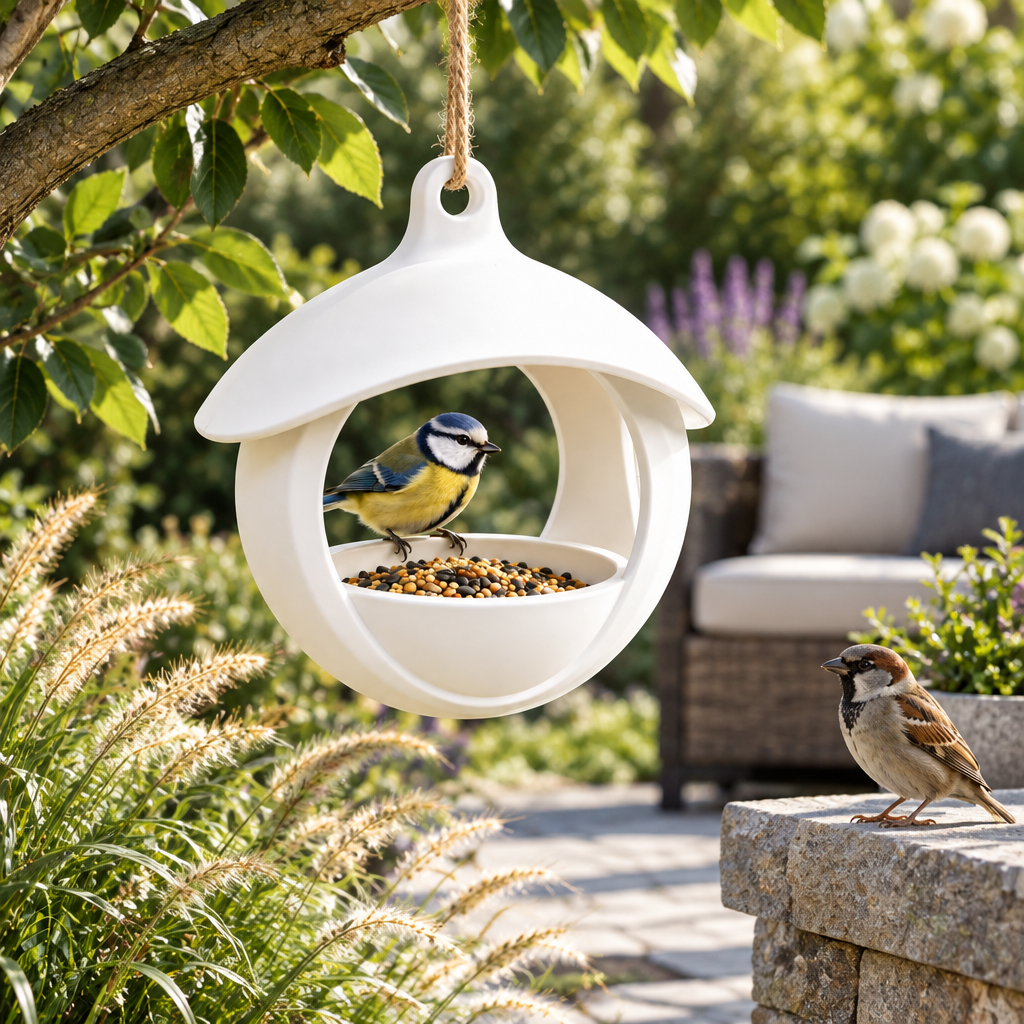 Spherical bird feeder on modern stone patio