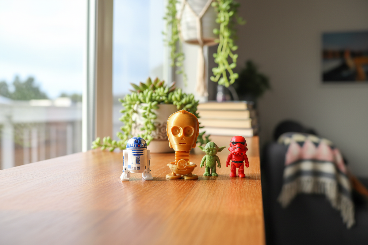Star Wars C-3PO Springie on a warm wooden shelf alongside R2-D2 and other Star Wars springie figurines