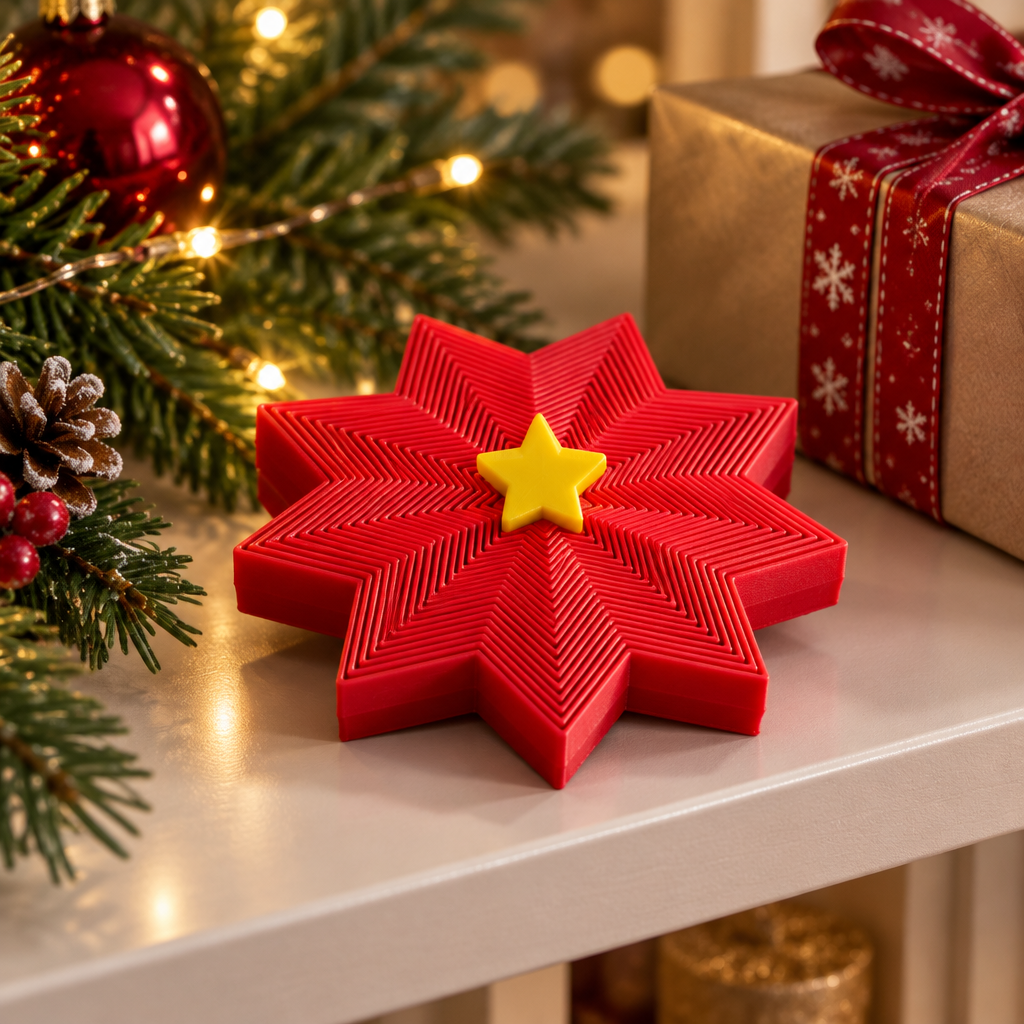 Red star-shaped fidget spinner with a yellow centre star styled with subtle festive décor