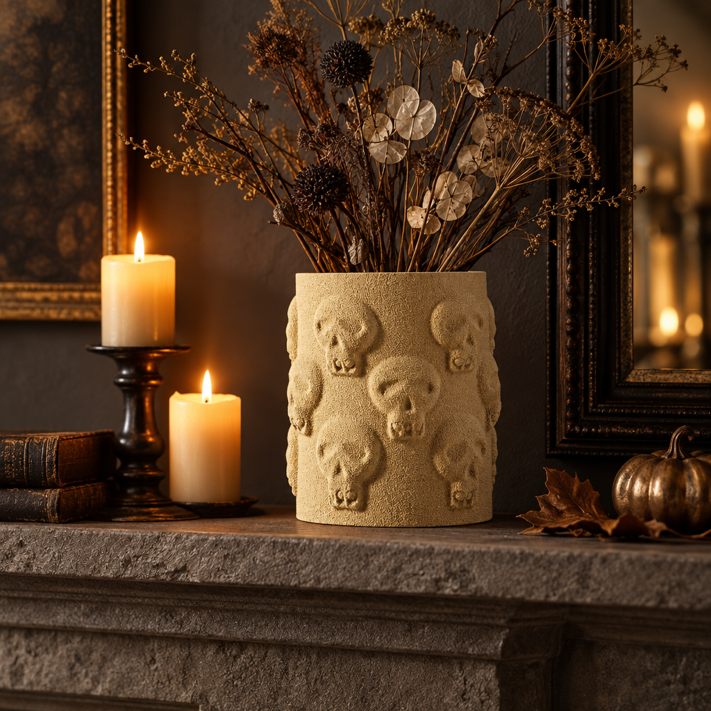 Skull Vase on Halloween mantel