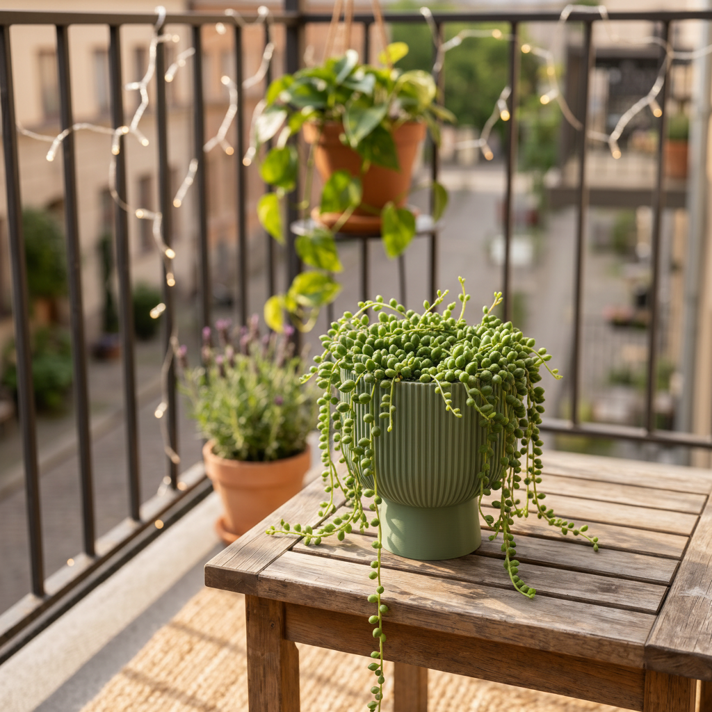Ribbed Pedestal Planter in sage green — garden table lifestyle