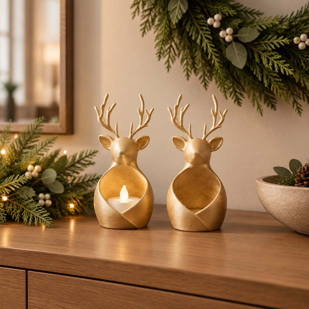 Gold reindeer tealight holders on an entryway console with seasonal greenery