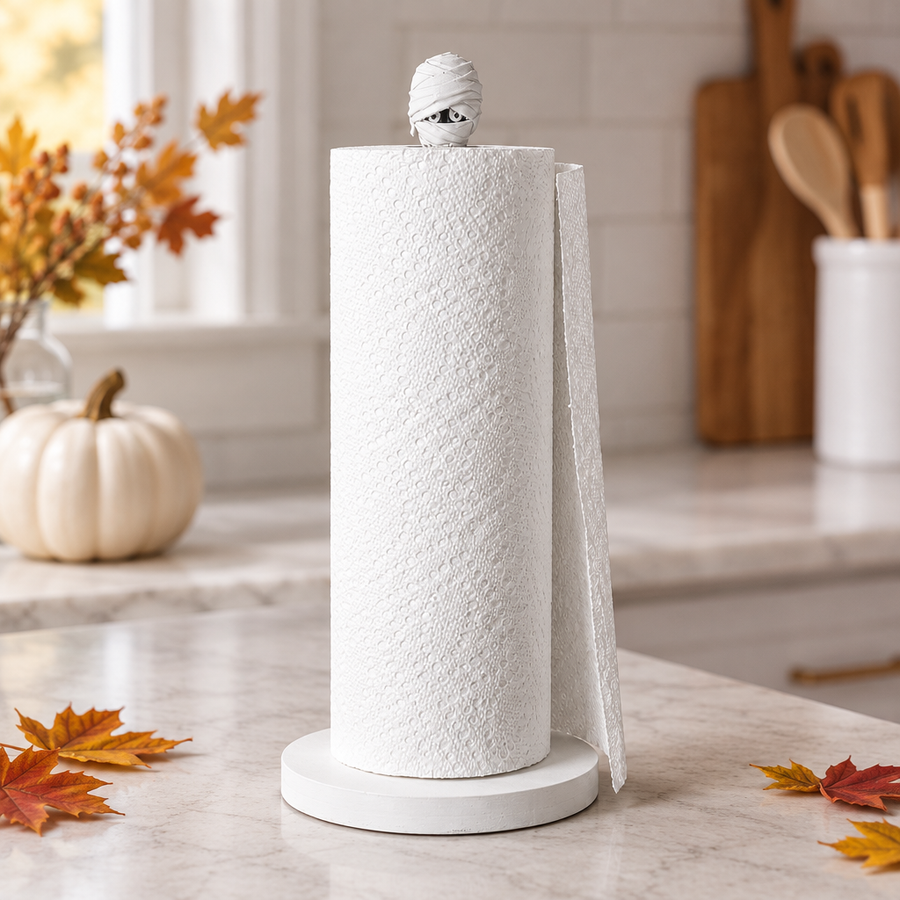 White mummy kitchen towel holder with roll on a bright counter with autumn leaves
