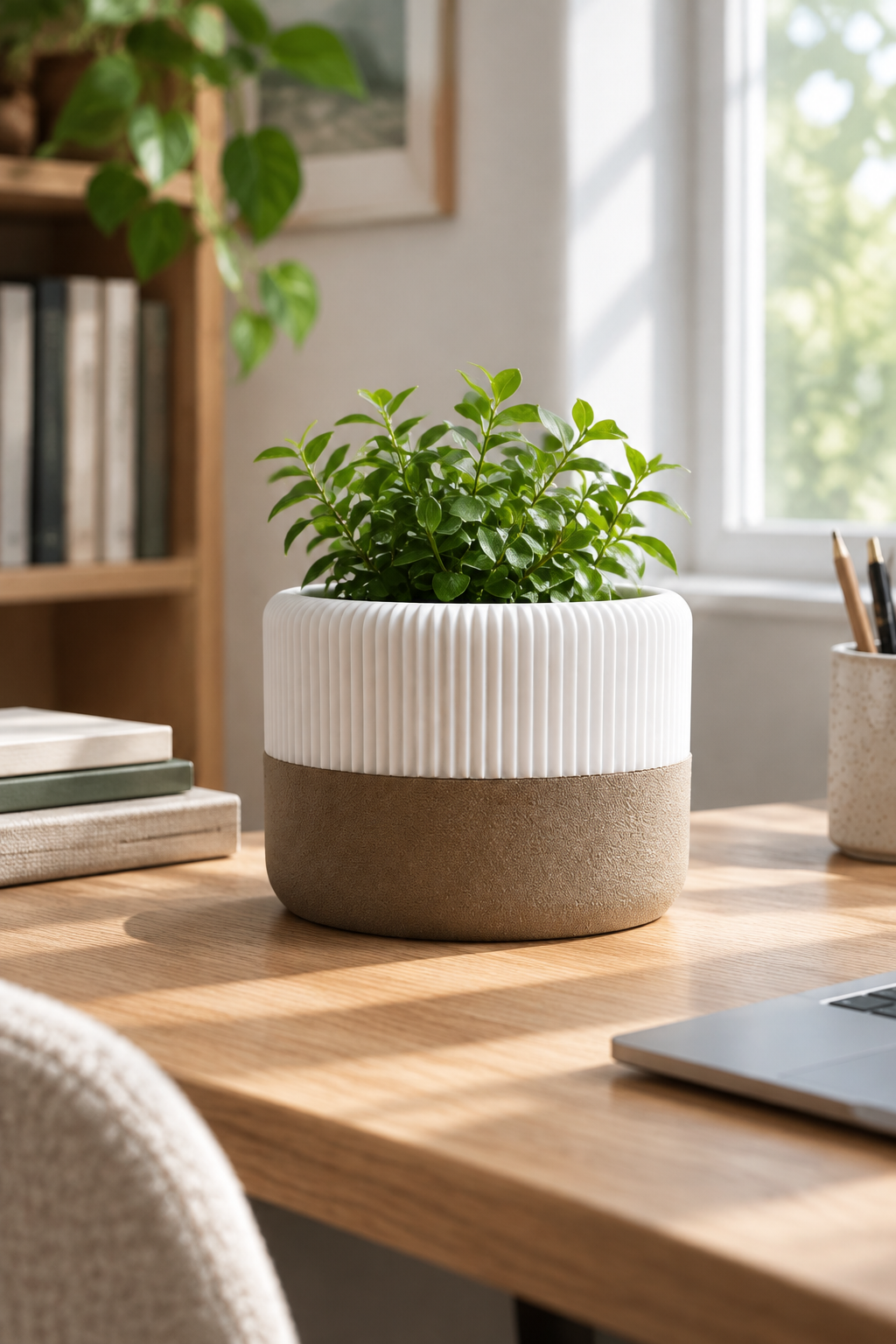 White ribbed planter with brown textured tray and leafy plant on a bright home-office desk