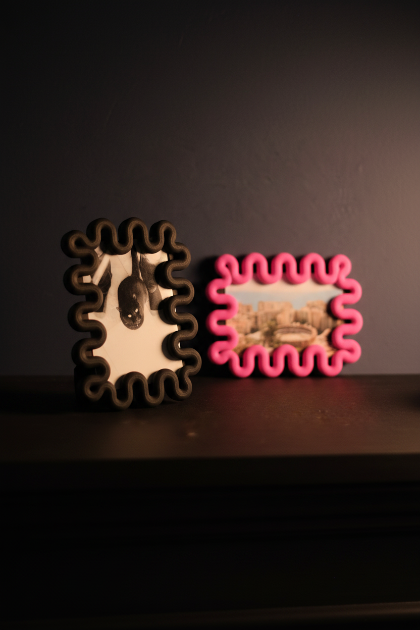 Black and neon pink wibble frames on dark mantlepiece - lifestyle