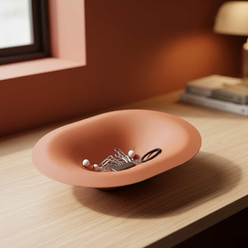 Soft Pill Catch All Bowl terracotta on oak desk with stationery