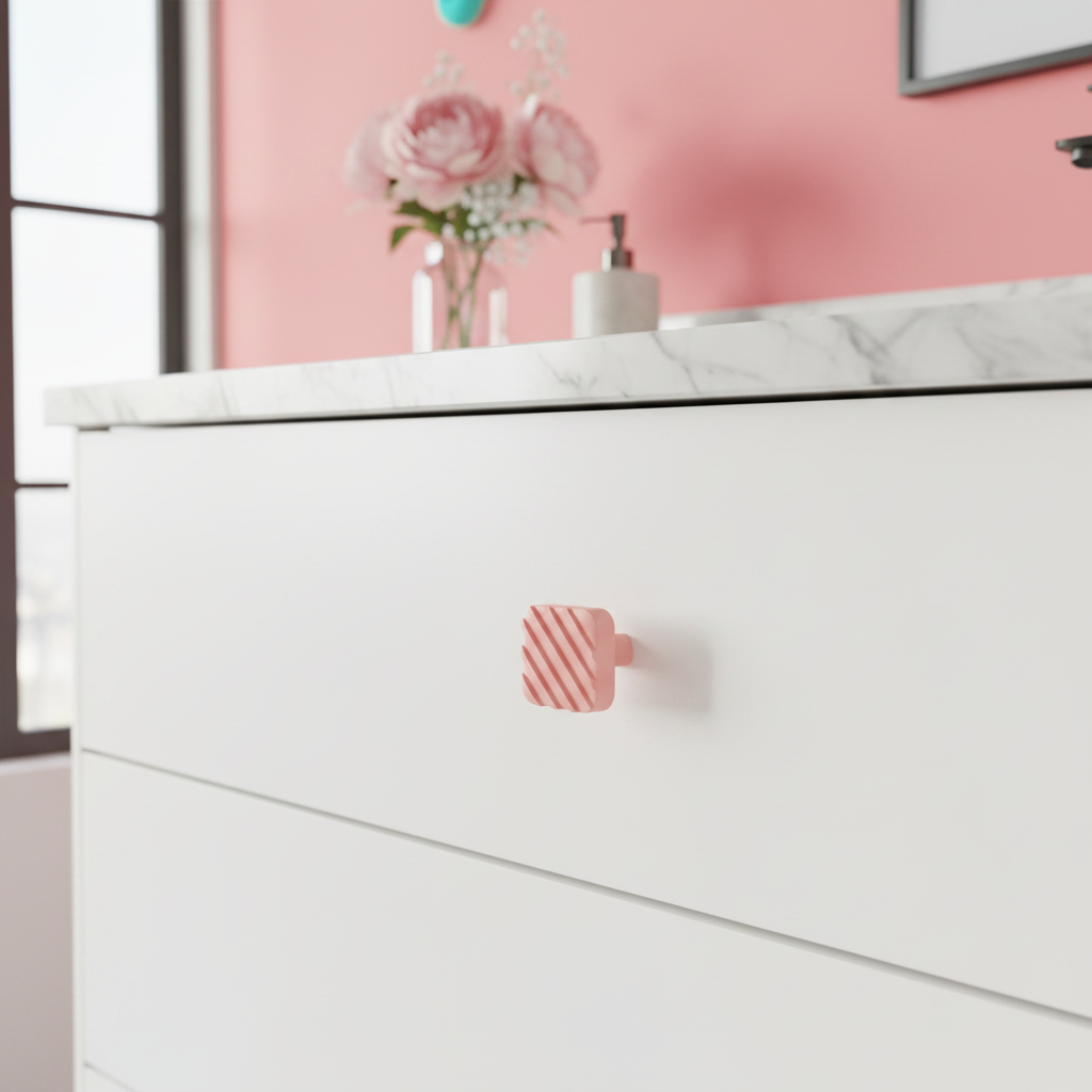 Ribbed handle in pink on white bathroom vanity with marble countertop