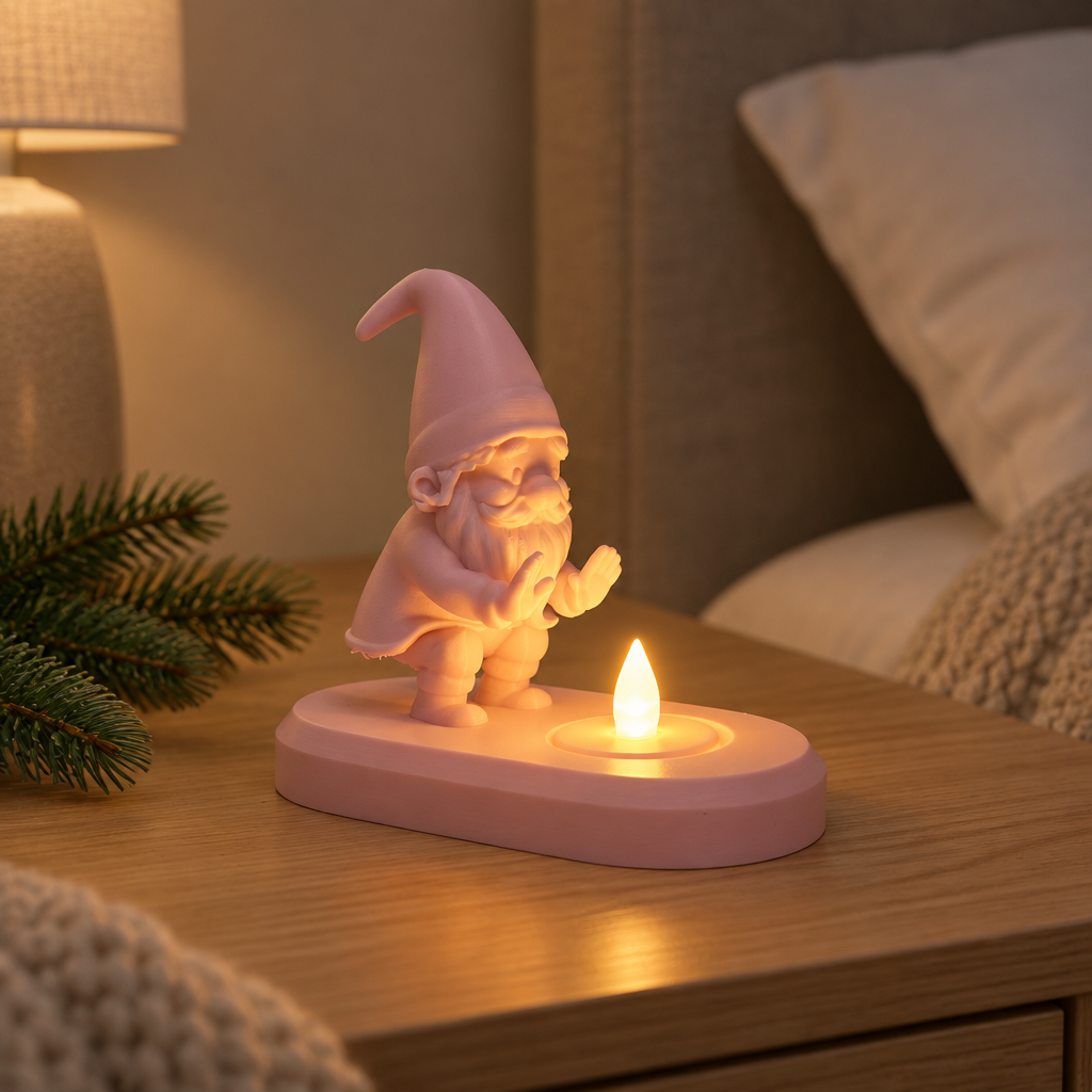 Pink Santa tealight holder on a bedside table with soft neutral styling