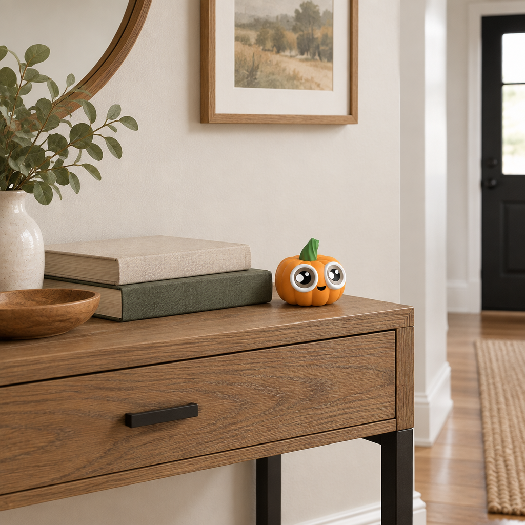 Small pumpkin accent on a console table in a wide hallway scene