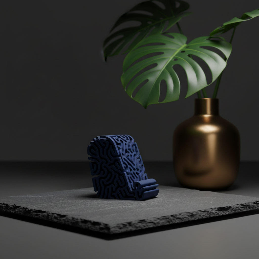 Coral phone stand in deep blue on dark slate with monstera – moody editorial