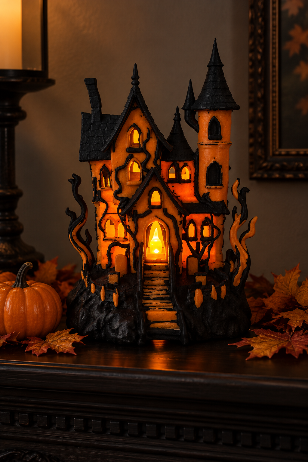 Glowing orange and black haunted house tealight holder on a dark mantel with a pumpkin and autumn leaves