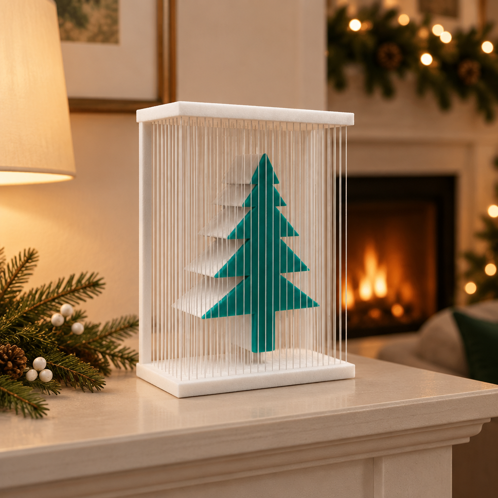 White frame and teal-green tree display styled on a warm living-room mantel with subtle holiday greenery.
