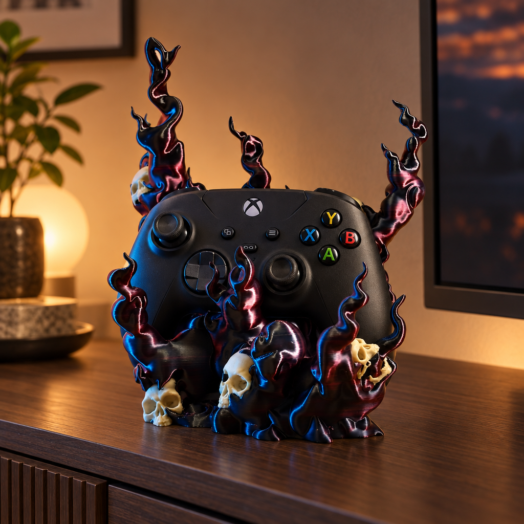 Skull flame controller holder with a black Xbox-style controller on a warmly lit evening media console