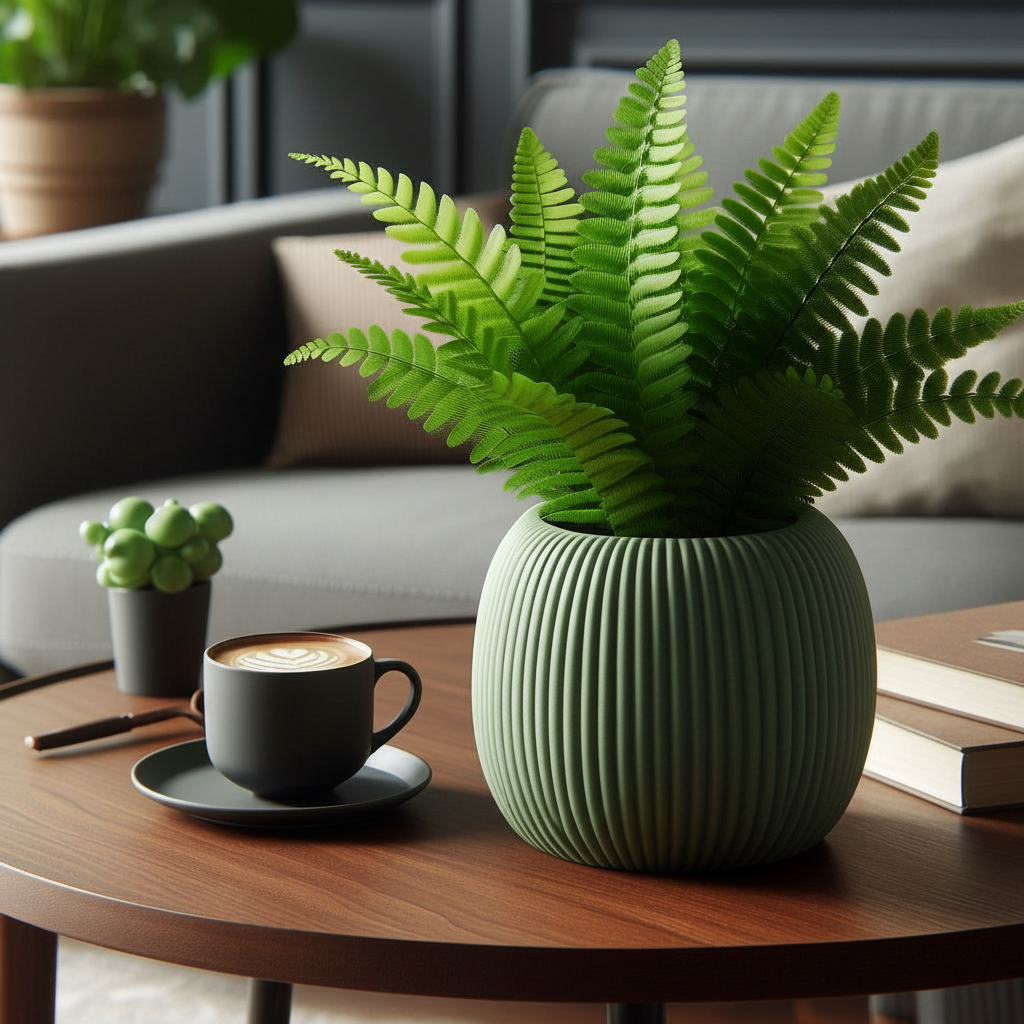 Sage green Ribbed Harmony Planter with a lush fern on a wooden coffee table with a coffee cup