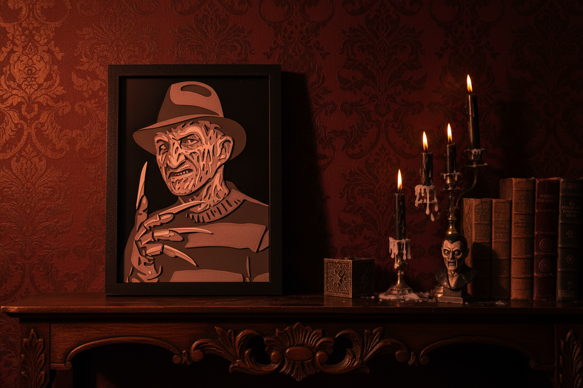 Freddy Krueger Shadow Box on a dark gothic shelf with dramatic red and orange lighting and candles