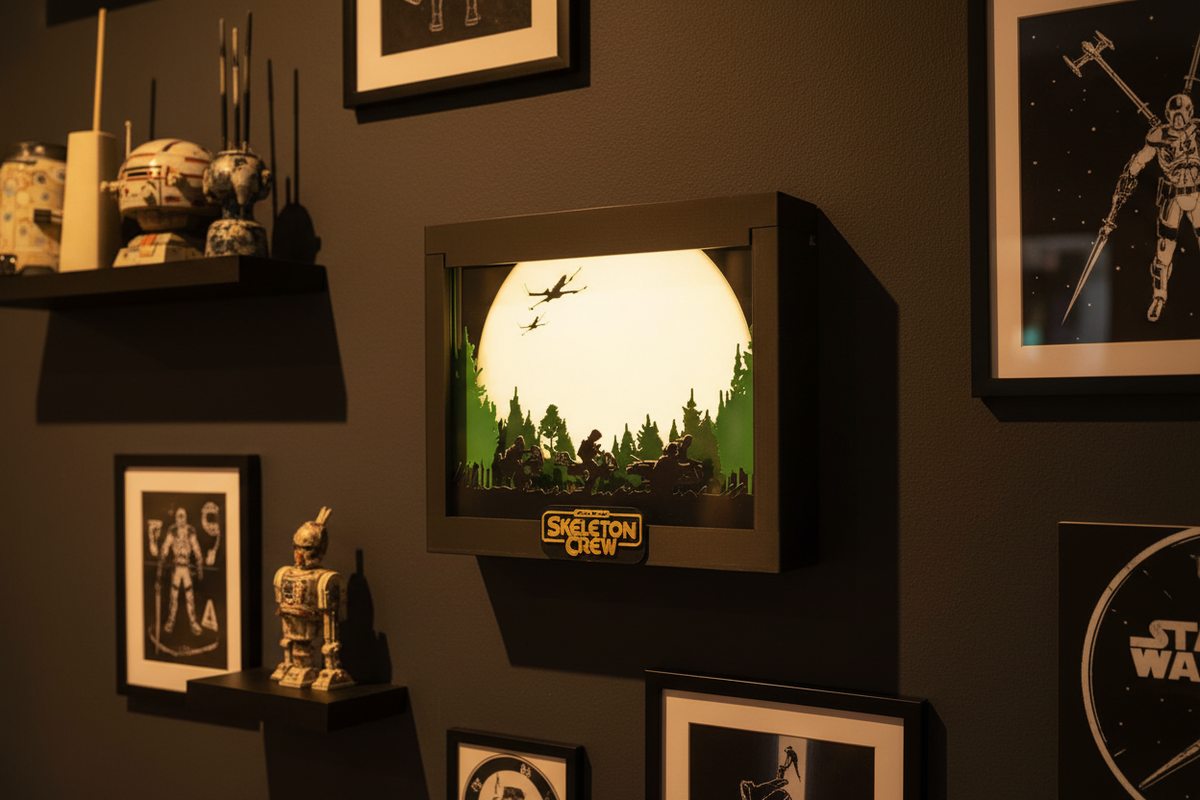 Skeleton Crew Shadow Box hung on a dark feature wall with cinematic forest atmosphere lighting