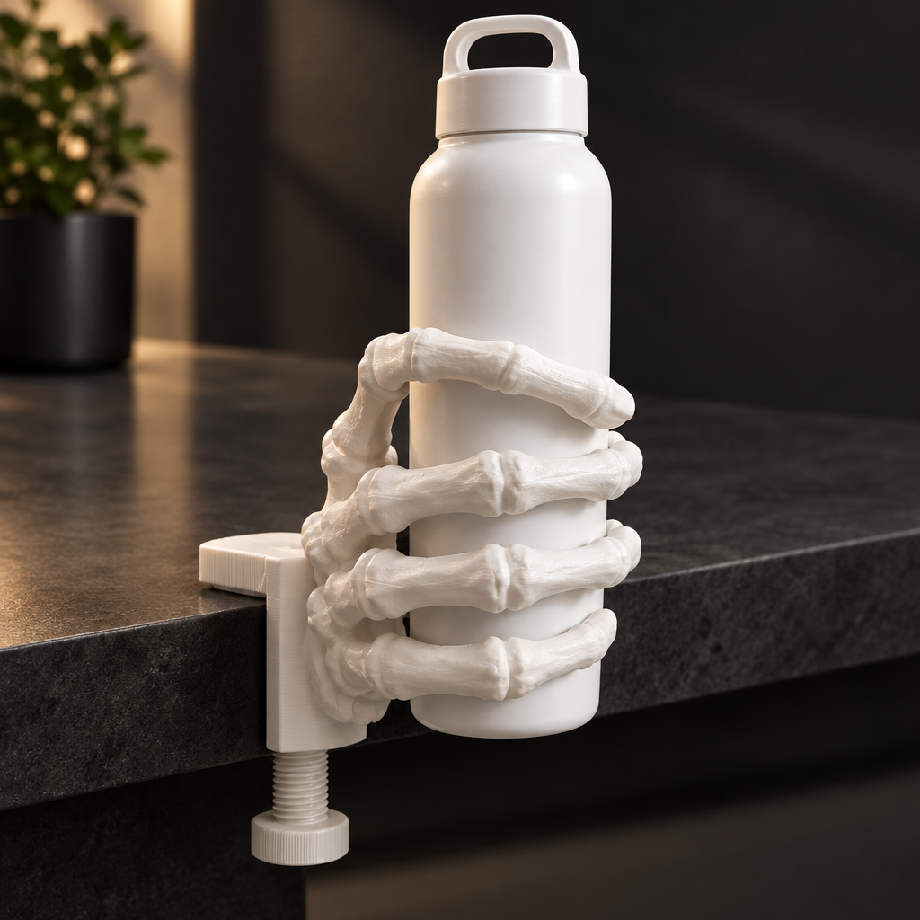 White skeleton hand bottle holder clamped to a charcoal slab