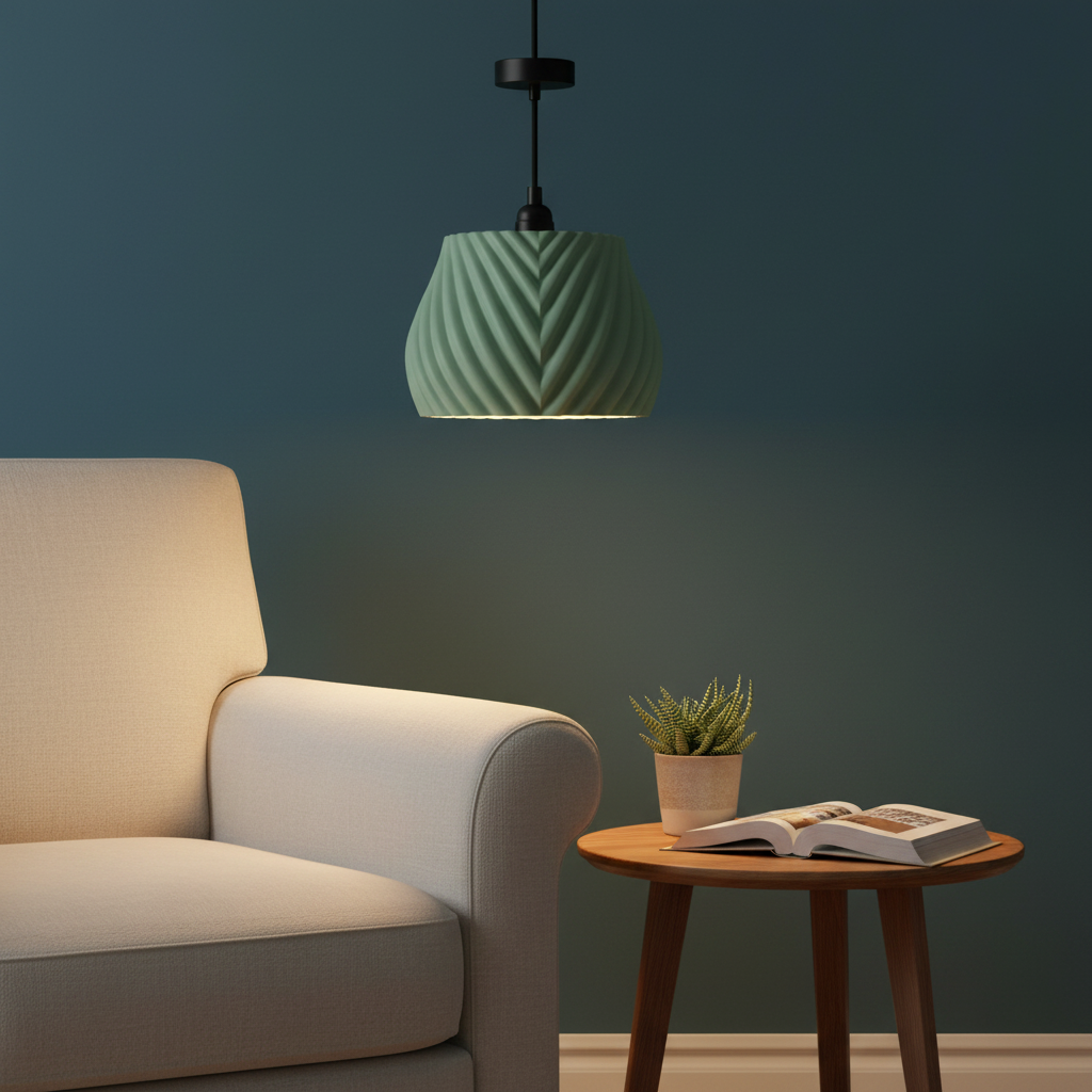Sage green pendant lampshade in cosy living room corner - lifestyle