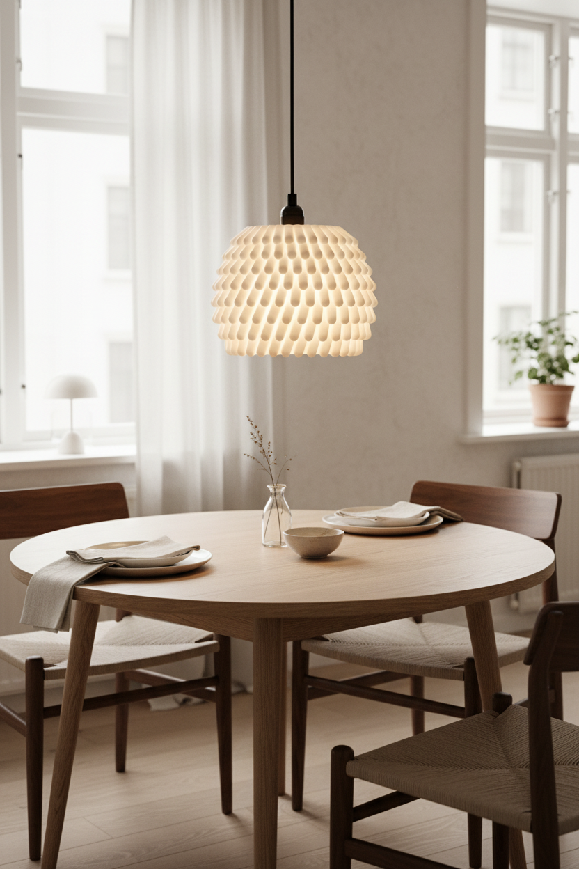 Sea anemone pendant lampshade glowing warm over Scandinavian oak dining table set for two lifestyle