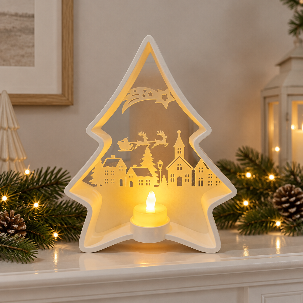 Tree-shaped Christmas scene tealight holder with a village cut-out glowing on a white mantel