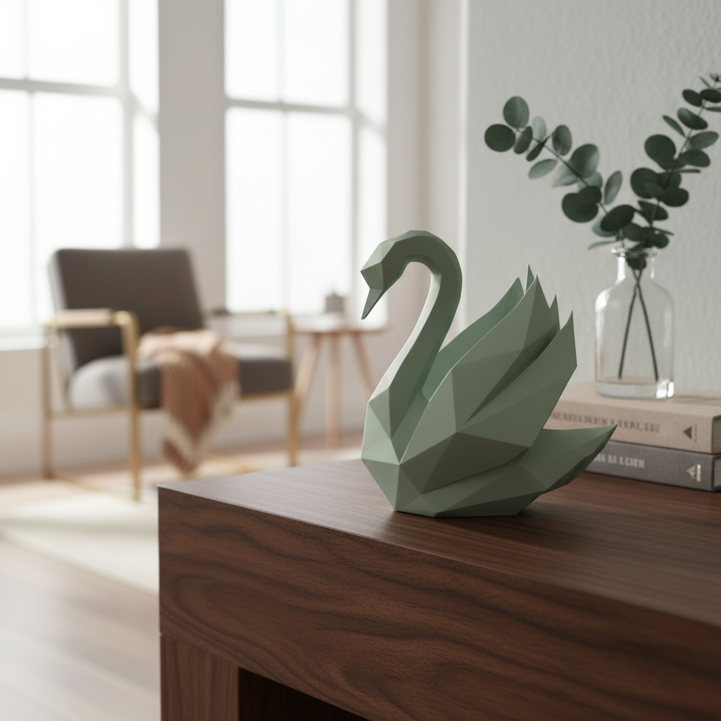 Sage green low-poly swan sculpture on dark walnut mantelpiece with eucalyptus and books