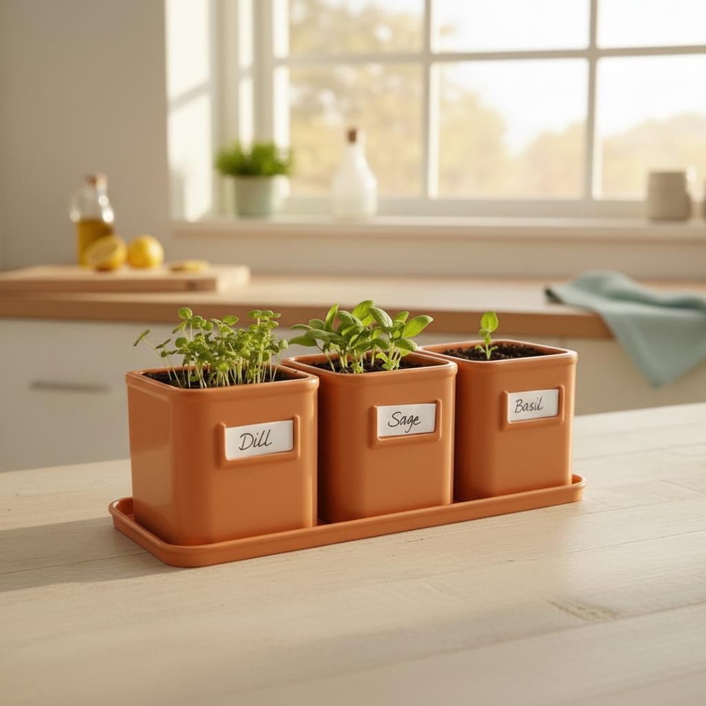 Terracotta orange herb pot set with fresh herbs on a rustic farmhouse kitchen table