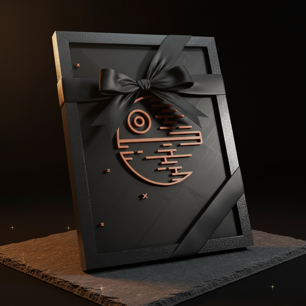 Death Star neon line art shadow box presented as a premium gift with matte black ribbon and bow