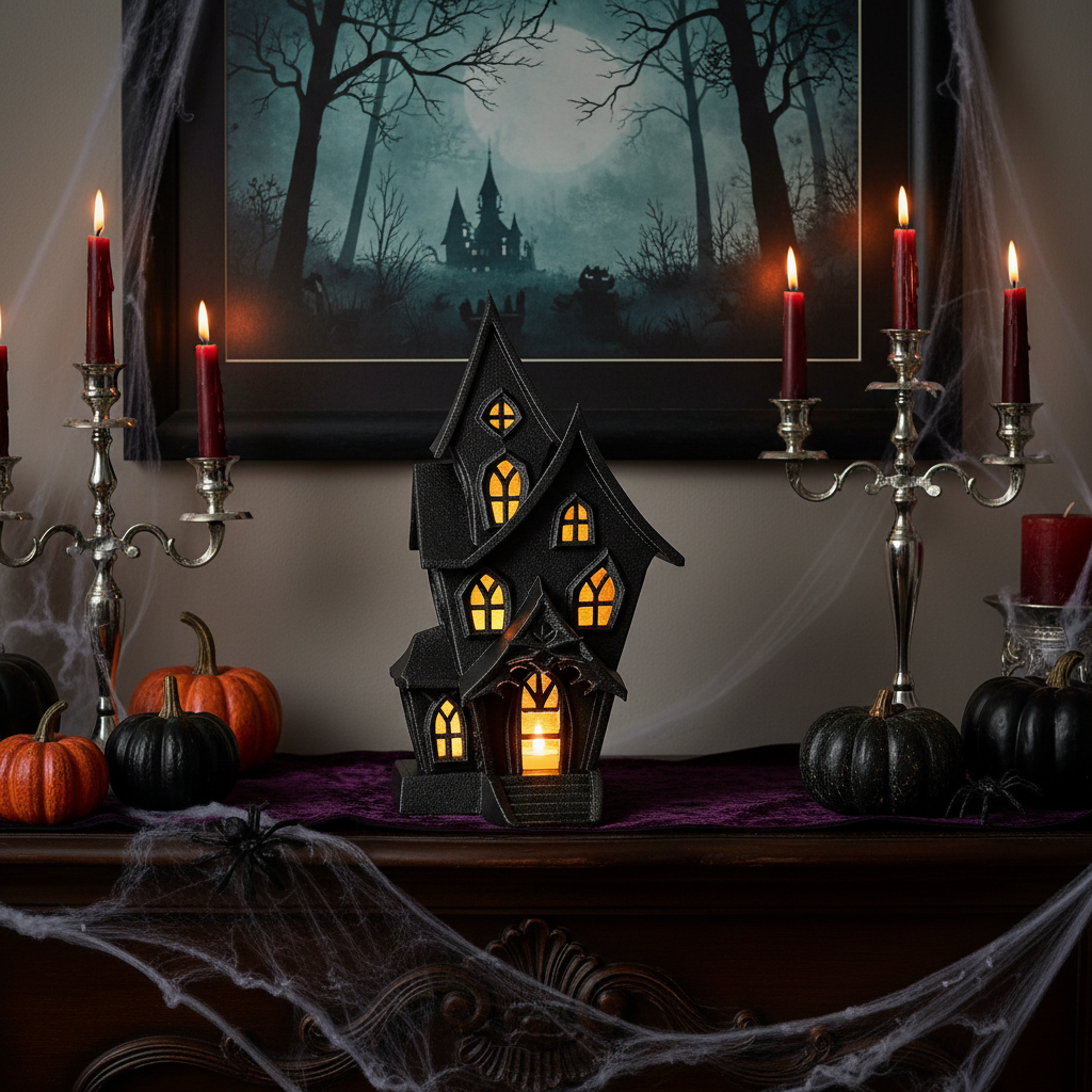 Haunted house tealight holder glowing on a Halloween mantel