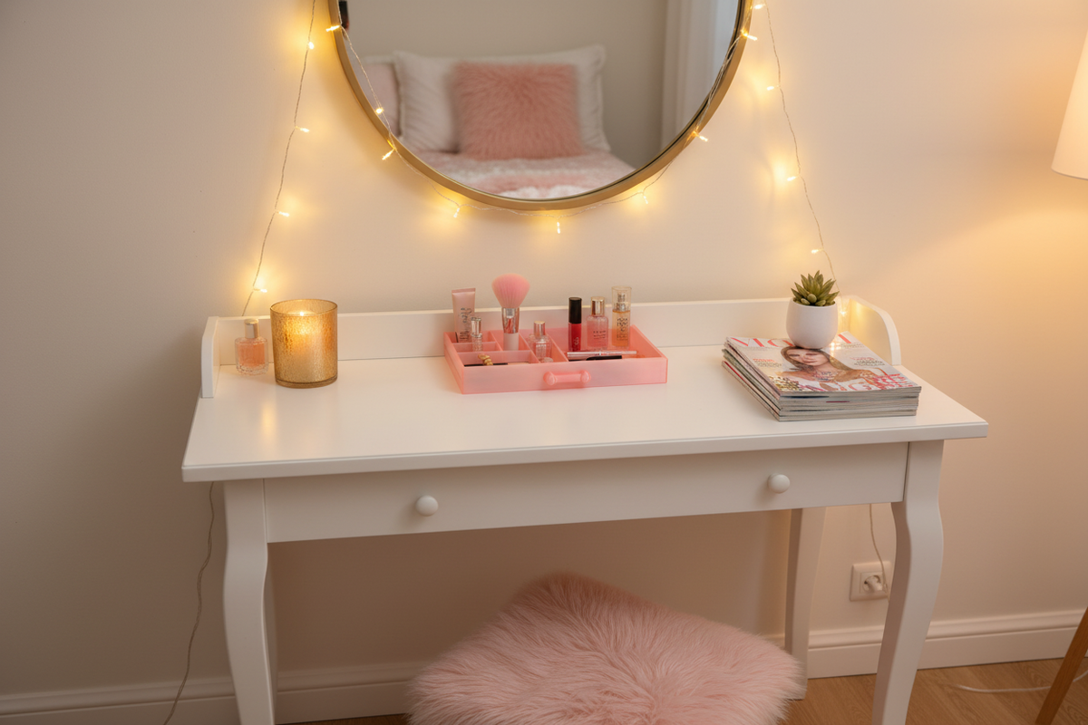 Make-up Organizer on a dressing table with round mirror and fairy lights
