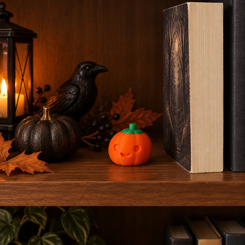 Pumpkin clicker on a Halloween shelf.