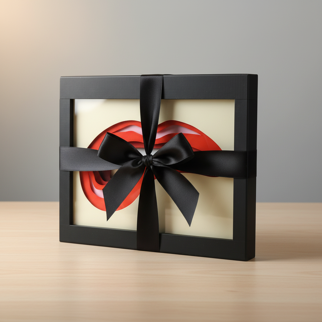 Lips Shadow Box presented as a gift with black ribbon and bow on a table