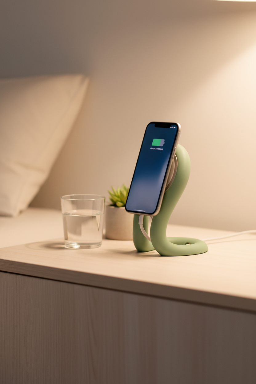 Sage green loop stand on oak bedside table with iPhone - lifestyle