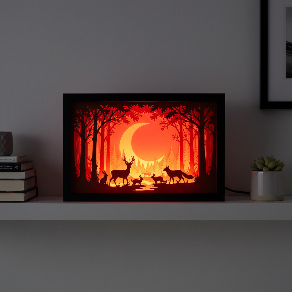Moonlit Forest Walk Shadow Box displayed on white living room shelf with books and plant in dimmed lighting