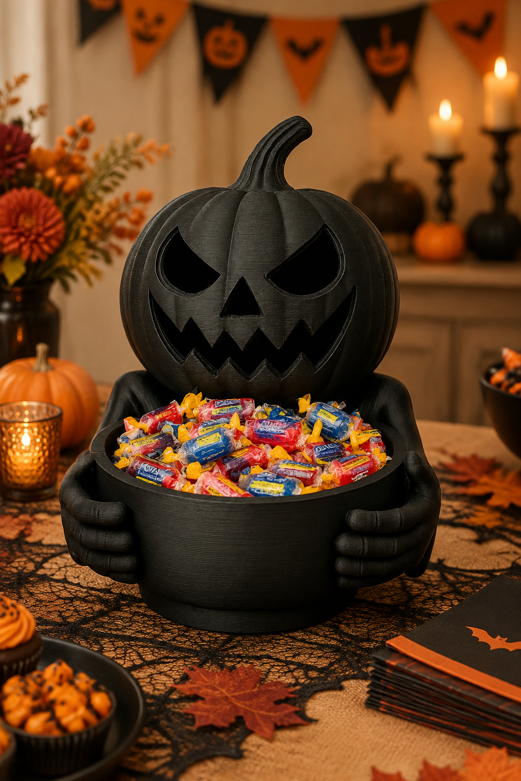 Black pumpkin holding wrapped sweets on a Halloween party buffet