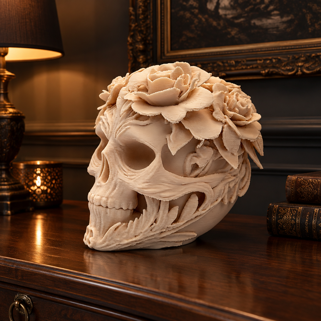 Pale skull with sculpted roses and curling foliage displayed on a dark gothic console