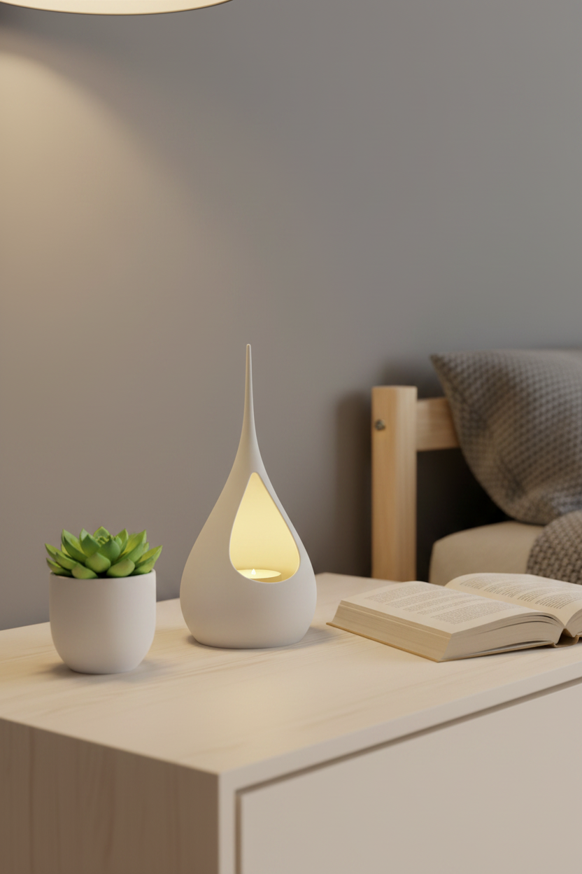 Teardrop LED Tealight Holder white warm gold glow on pale oak bedside table beside succulent and open book cosy Scandinavian bedroom
